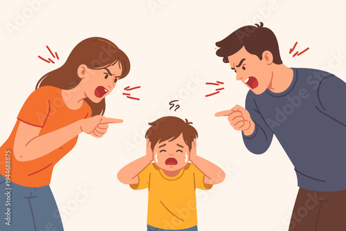 Angry Parents Yelling and Pointing Fingers at Crying Child Covering His Ears, Flat Vector Illustration of Family Conflict, Domestic Abuse, Emotional Trauma, and Toxic Parenting Environment