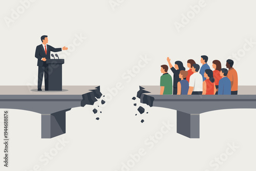 Politician at a Lectern on a Broken Bridge Facing a Diverse Crowd of Citizens, Symbolizing Social Inequality, Political Polarization, Disconnect, and Lack of Communication in Modern Society.