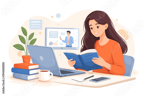 Young woman student studying online at home with laptop and book, watching virtual lecture from male teacher, e-learning concept, remote education, distance learning, flat vector illustration.