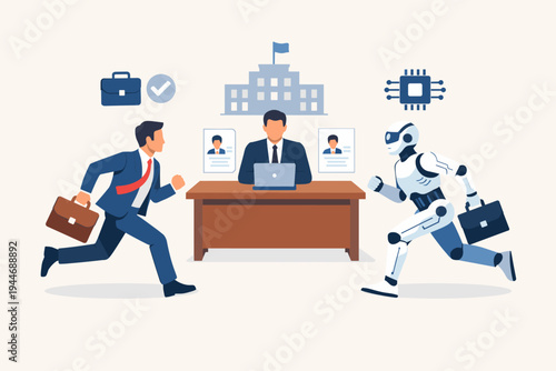 Flat vector illustration of a human businessman and a robot competing in a race for a job position at an office desk with a recruiter, symbolizing artificial intelligence automation vs human labor.