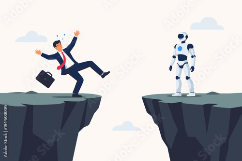 Businessman Falling Off a Cliff While a Robot Stands on the Other Side, Representing Artificial Intelligence Replacing Human Jobs, Automation, Job Loss, and the Future of Work Concept Vector Art