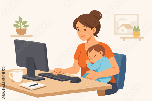 Mother Working from Home at Her Desk on a Computer While Holding Her Sleeping Infant Baby, Illustrating Remote Work, Multitasking, and the Balance of Career and Motherhood in a Home Office