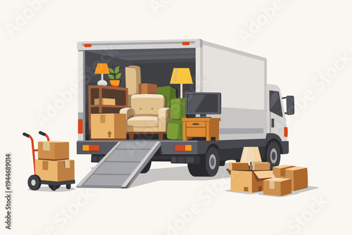 Moving Truck Vector Illustration with Furniture and Cardboard Boxes for House Relocation. Features Armchair, Lamps, TV, and Shelves Inside Truck with Loading Ramp, Hand Truck, and Delivery Boxes.