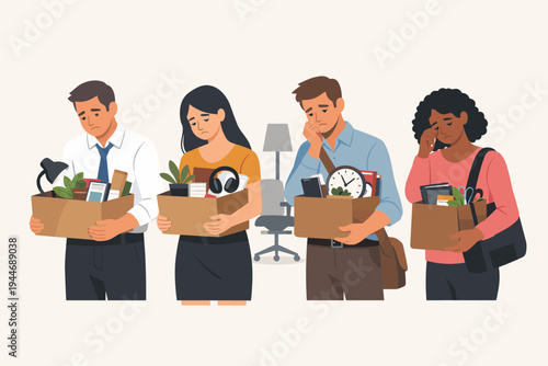 Diverse group of sad employees fired from work carrying cardboard boxes with office supplies after being laid off or terminated due to downsizing or economic crisis flat vector illustration.