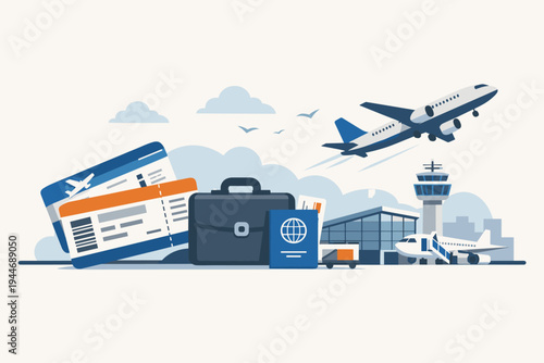 Flat vector illustration of business travel and flight concepts featuring boarding passes, a briefcase, passport, airport terminal building, control tower, and an airplane taking off into the sky.