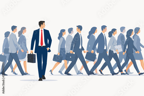 Flat Vector Illustration of a Unique Businessman Looking in the Opposite Direction of a Walking Crowd. Concept of Leadership, Individuality, Success, and Standing Out in a Corporate World.