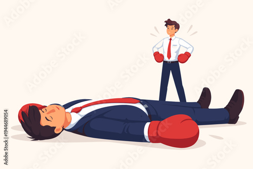 Vector Illustration of a Small Businessman Wearing Boxing Gloves Standing Proudly Over a Giant Rival Who Has Fallen Down, Representing Success, Competition, and Winning Against the Odds.