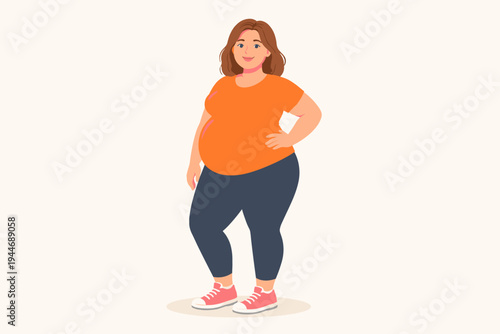 Vector illustration of a happy overweight woman with a large belly and curvy body wearing an orange t-shirt and blue leggings, representing body positivity, weight gain, and obesity awareness.