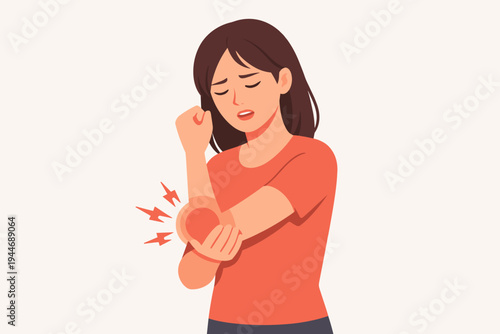 Vector Illustration of a Young Woman Suffering from Severe Elbow Pain, Joint Inflammation, or Arm Injury, Holding Her Sore Elbow with a Painful Expression, Medical Health Concept Flat Design