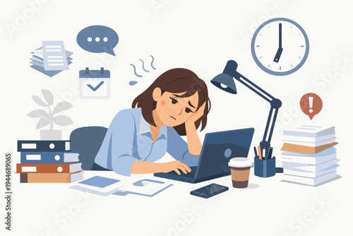 Overworked female office employee sitting at a desk with a laptop, stacks of documents, and a clock showing late hours. Flat vector illustration of a stressed woman suffering from burnout and fatigue.