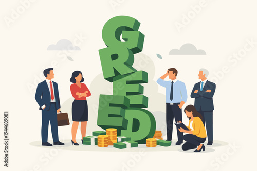 Corporate Greed Concept Illustration with Business People Standing Around a Large Green Word Greed with Stacks of Coins and Cash, Representing Financial Obsession, Capitalism, and Ethics.