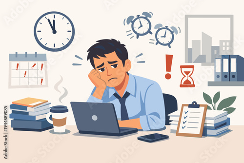Stressed Businessman Overwhelmed by Tight Deadlines and Heavy Workload Sitting at Office Desk with Laptop, Flat Vector Illustration of Work Pressure, Burnout, and Time Management Issues.
