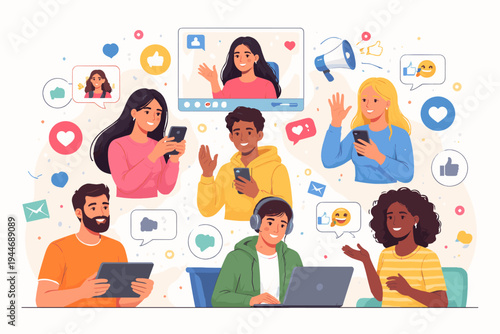 Diverse People Connecting Online via Social Media Platforms and Digital Devices, Flat Vector Illustration of Global Communication, Networking, Video Calls, and Community Engagement Icons.