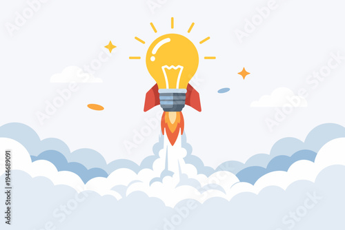 Creative Idea Launch Concept with Light Bulb Rocket Flying Up Over Clouds, Startup Innovation and Business Success Symbol, Flat Vector Illustration for Marketing and Entrepreneurship Projects