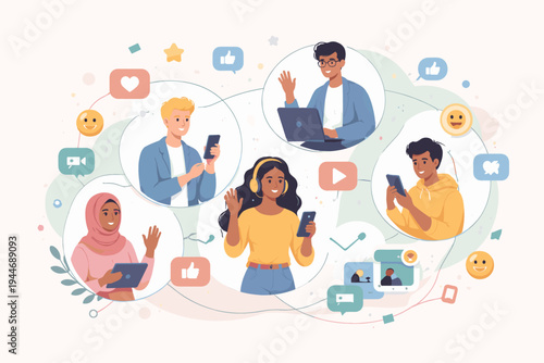 Diverse group of people connecting and communicating online via social media platforms using smartphones and laptops. Flat vector illustration of digital networking, community, and global chat.