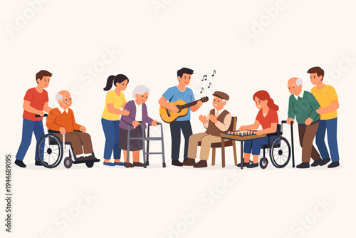 Vector illustration of young volunteers assisting and entertaining disabled elderly people, featuring seniors in wheelchairs, using walkers and canes, enjoying music, board games, and support