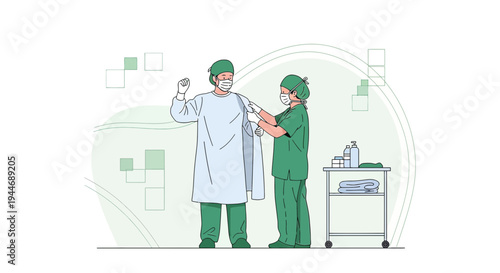 Surgeons Preparing for Operation: Doctor and Nurse in Surgical Gowns and Masks