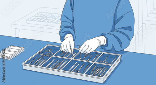 Surgical Instruments Arranged in Tray for Operation: Sterile Preparation