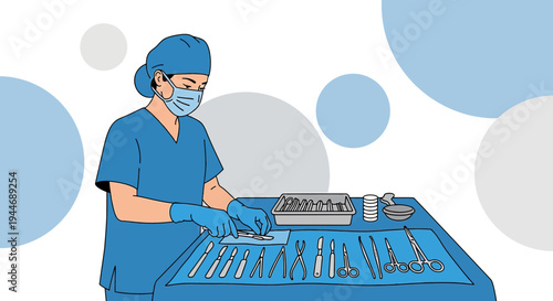 Surgical Nurse Preparing Instruments for Operation, Sterile Field, Medical Equipment