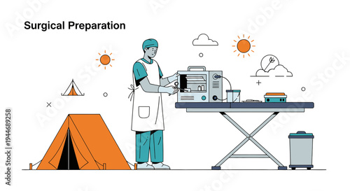 Surgical Preparation: Doctor Setting Up Medical Equipment in Outdoor Tent