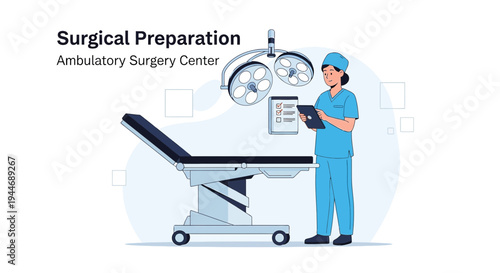 Surgical Preparation in Ambulatory Surgery Center: Doctor with Tablet Near Operating Table