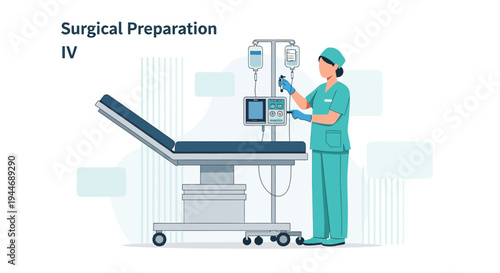 Surgical Preparation IV: Nurse Adjusts IV Drip Next to Operating Table and Medical Equipment