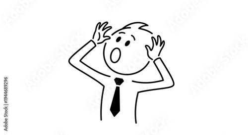 Stick Figure Businessman Hands on Head in Shock and Panic on Isolated White Background