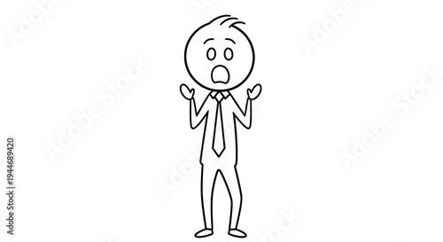 Stick Figure Businessman Shrugging in Surprise on Isolated White Background