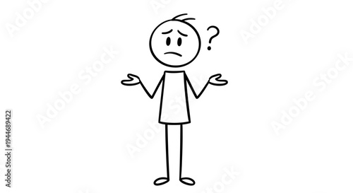 Confused Stick Figure Man Shrugging Shoulders with Question Mark Above Head on Isolated White Background