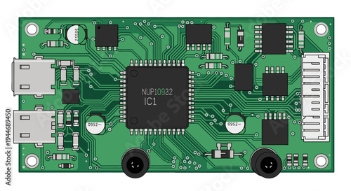 Small Green Electronic Module Circuit Board with Integrated Circuit Chip on Isolated White Background
