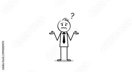 Cartoon Stickman Man Businessman Showing Confusion and Question with Shrugging Shoulders and Tie on Isolated White Background