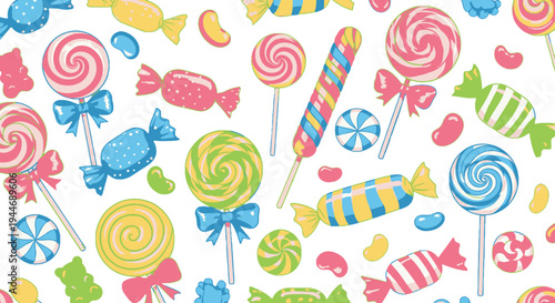 Seamless Pattern Background with Colorful Candies, Lollipops, Sweets and Jelly Beans