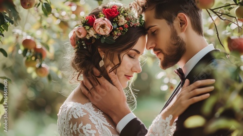 Bride and groom embracing romantically in apple orchard