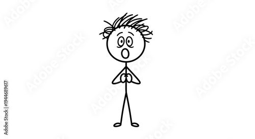 Cartoon Stickman Man Showing Surprise and Shock with Open Mouth and Hands Together on Isolated White Background