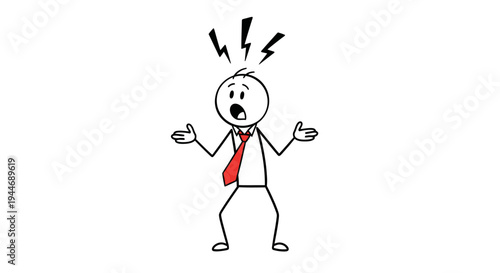Cartoon Stickman Man Businessman Showing Stress and Anger with Lightning Bolts Above Head on Isolated White Background