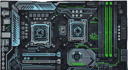 Futuristic Dark Green Circuit Board with Glowing Blue and Green Elements and Intricate Design