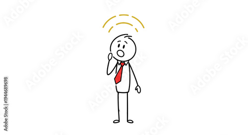 Cartoon Stick Figure Man in Tie Looking Surprised with Sound Waves Indicating Alert on an Isolated White Background