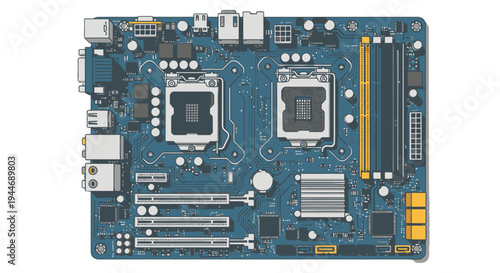 Detailed overhead view of a blue computer motherboard with dual CPU sockets and multiple expansion slots on a white background.