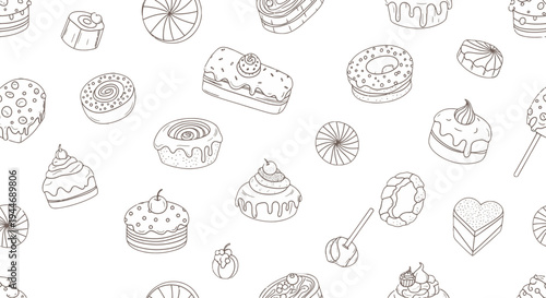 Seamless pattern of various hand-drawn outline desserts and sweets on a white background, including cakes, donuts, cupcakes, and lollipops.