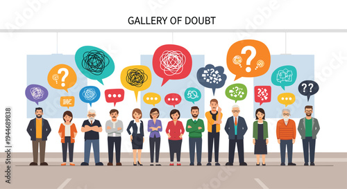A diverse group of fourteen people stands in a line with a GALLERY OF DOUBT sign above them and unique thought bubbles.