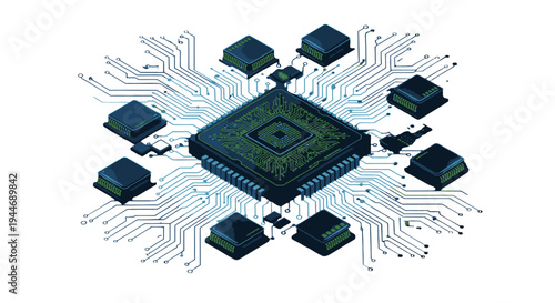An intricate illustration of a central microchip surrounded by smaller electronic components and interconnected circuit traces, representing advanced computing technology.
