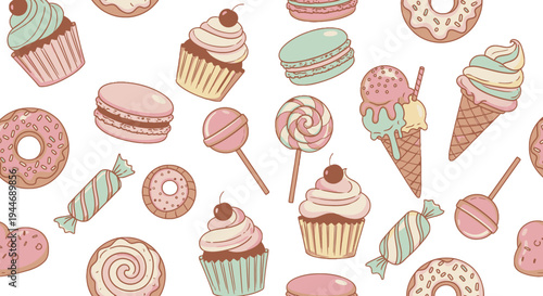 A delightful seamless pattern featuring an assortment of pastel-colored sweets and desserts like cupcakes, macarons, donuts, lollipops, and ice cream cones on a white background.
