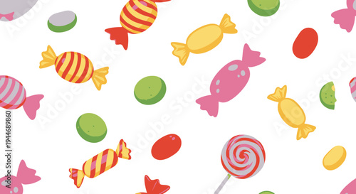 Colorful seamless pattern of various candies and sweets including wrapped treats, round drops, and a lollipop on a white background.