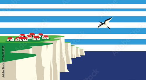A single bird flies over white cliffs with red-roofed houses overlooking a blue sea under a striped blue and white sky.