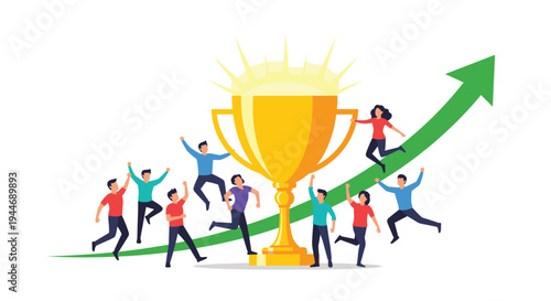A large golden trophy with radiating light is surrounded by ten joyful people celebrating success with a green upward-curving arrow.