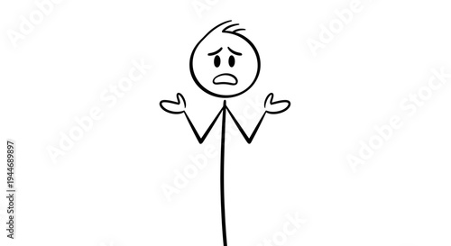 A simple black and white stick figure cartoon character shrugging with a confused or uncertain expression, palms up.