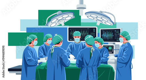 Surgical Team Performing Operation in Modern Operating Room with Medical Monitors