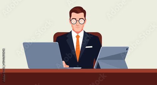 A professional businessman with glasses and an orange tie sits at a brown desk with a laptop and tablet, looking forward.