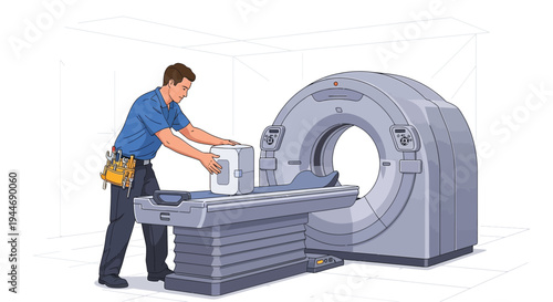 Technician Adjusting CT Scanner for Medical Imaging Procedure