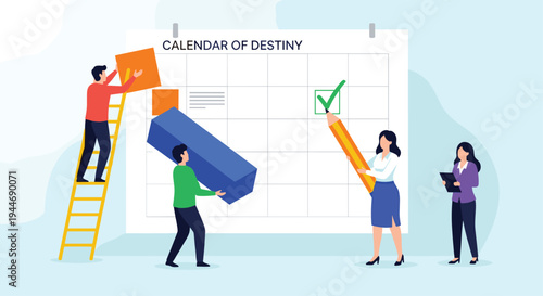 Four people interact with a large calendar titled CALENDAR OF DESTINY, arranging blocks and marking a checkmark.